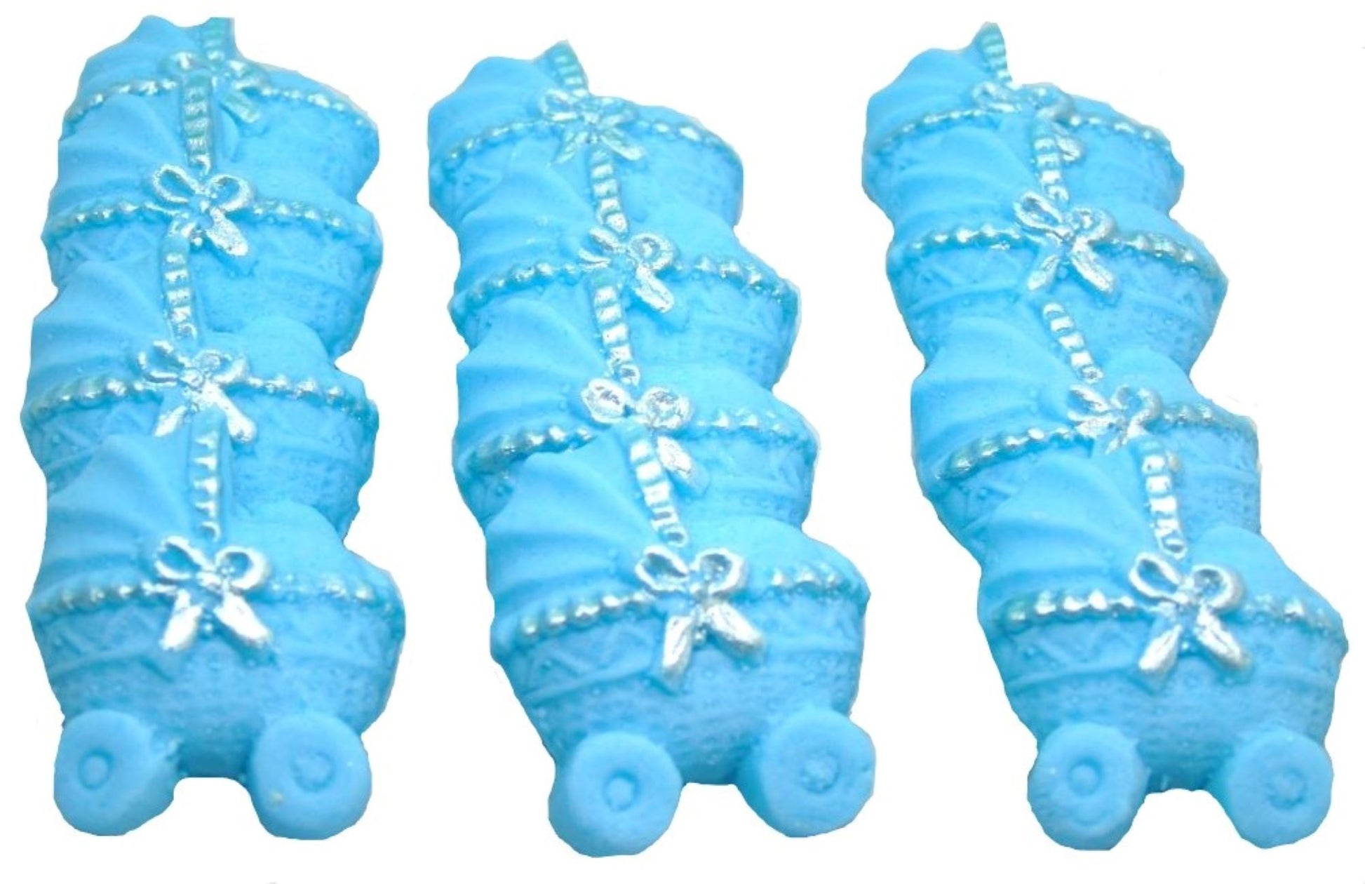 12 Blue coloured Edible Prams ideal for a Baby Shower . Vegan, Dairy & Gluten Free cupcake topper decorations