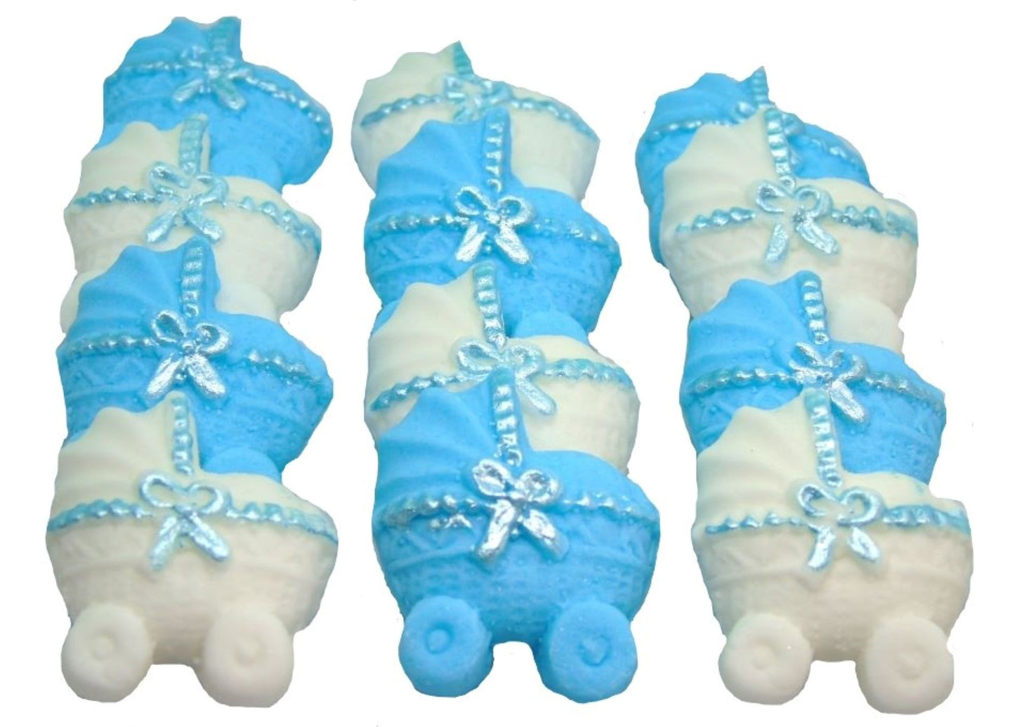 12 Blue & White Mixed coloured Edible Prams ideal for a Baby Shower . Vegan, Dairy & Gluten Free cupcake topper decorations