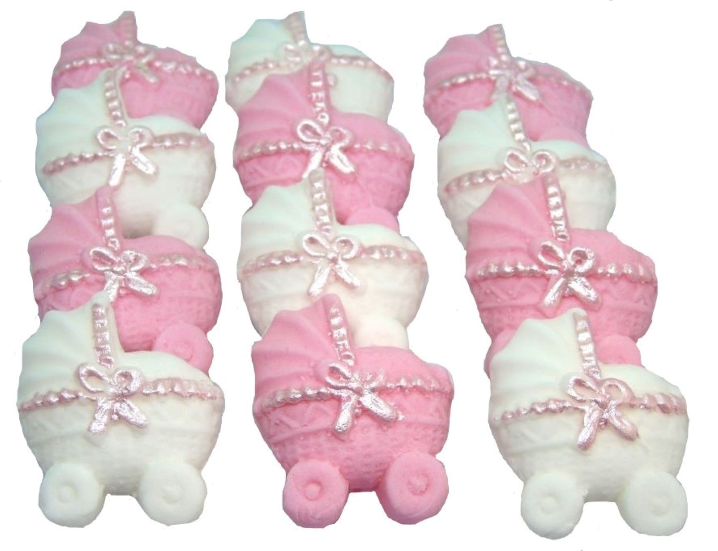 12 Pink & White Mixed coloured Edible Prams ideal for a Baby Shower . Vegan, Dairy & Gluten Free cupcake topper decorations