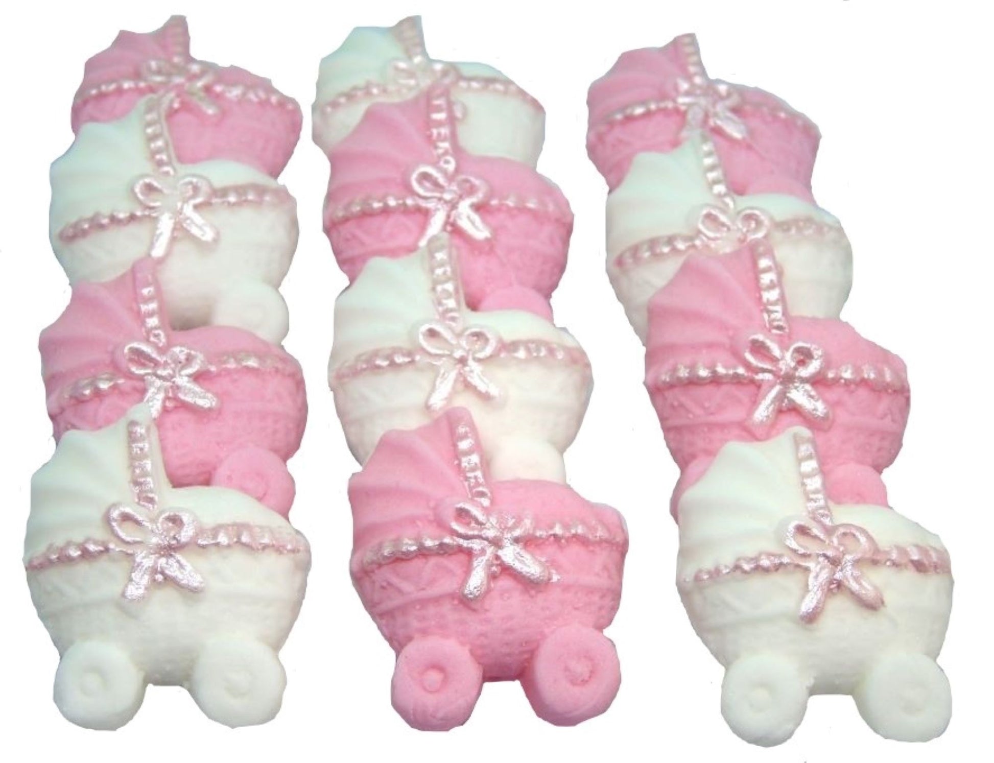 12 Pink & White Mixed coloured Edible Prams ideal for a Baby Shower . Vegan, Dairy & Gluten Free cupcake topper decorations