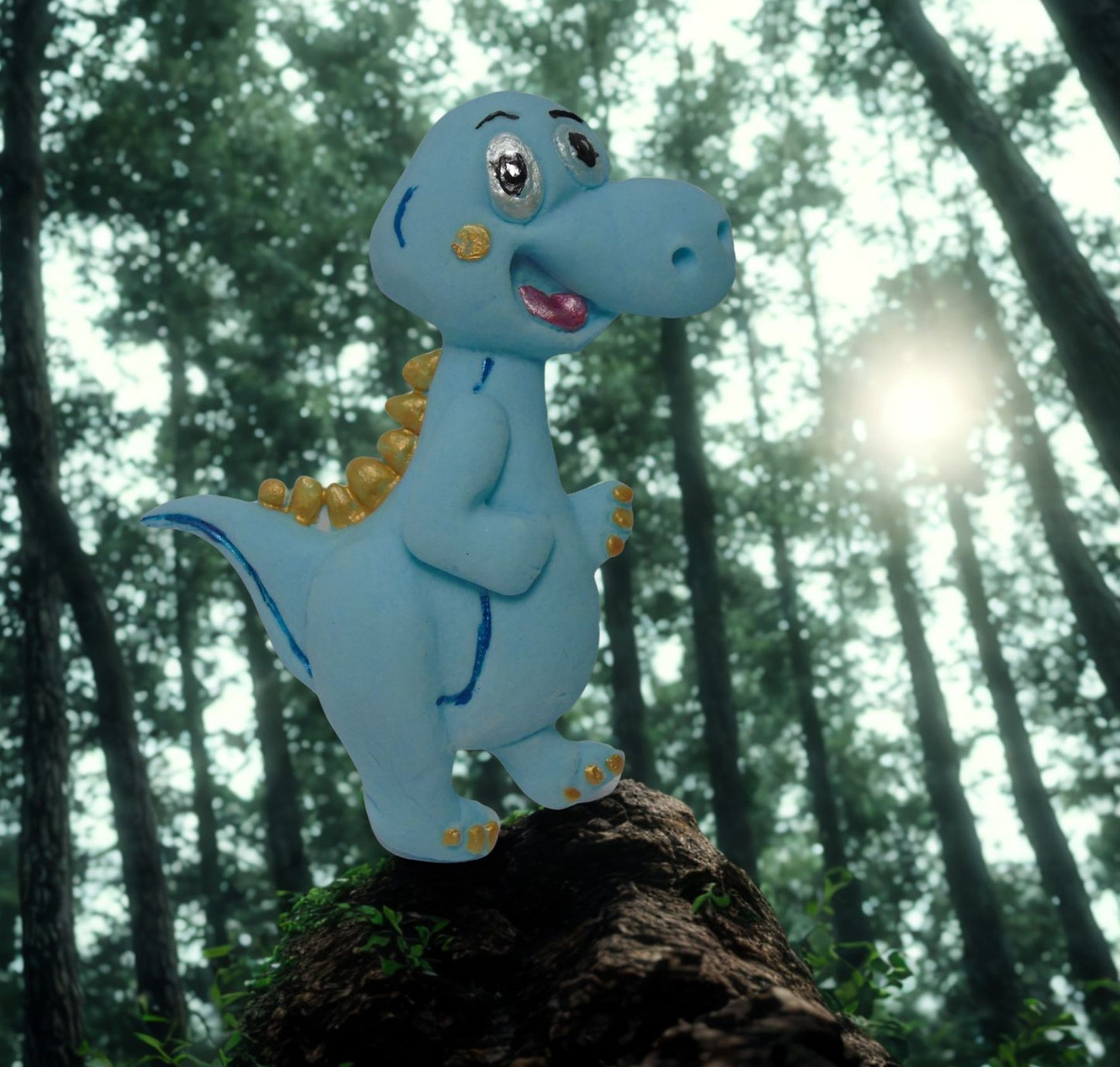 Blue sugar paste dinosaurs standing on a log in a forest setting.