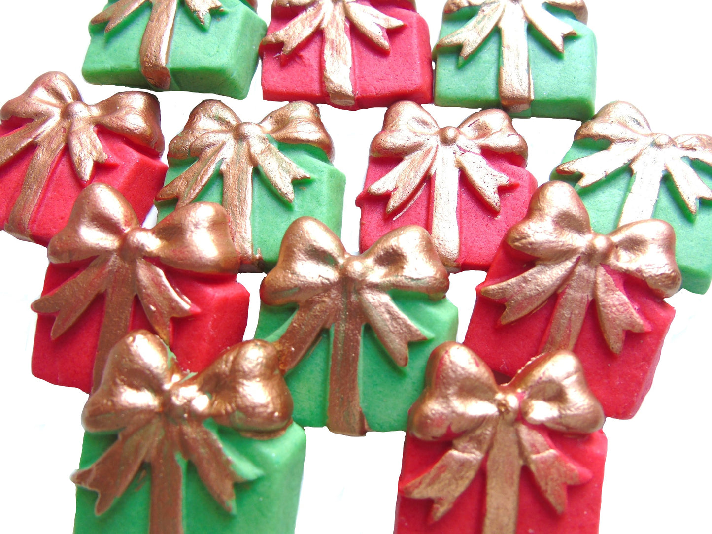 12 Edible green and red Christmas Parcels with hand painted gold bows. Vegan Cupcake Toppers