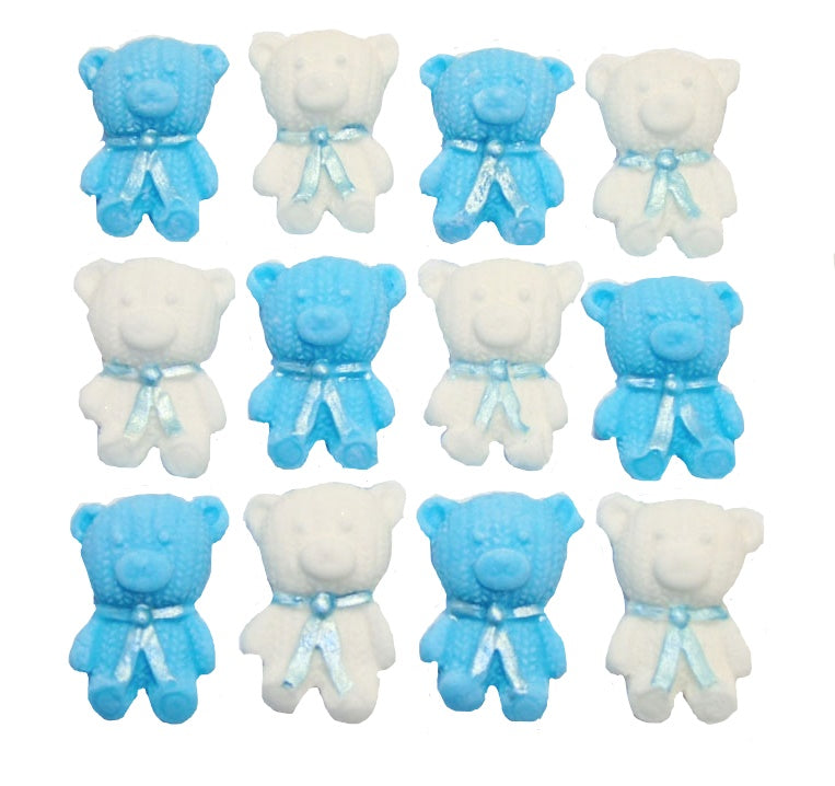 12 Cute Blue & White Vegan Teddies edible Cupcake Toppers