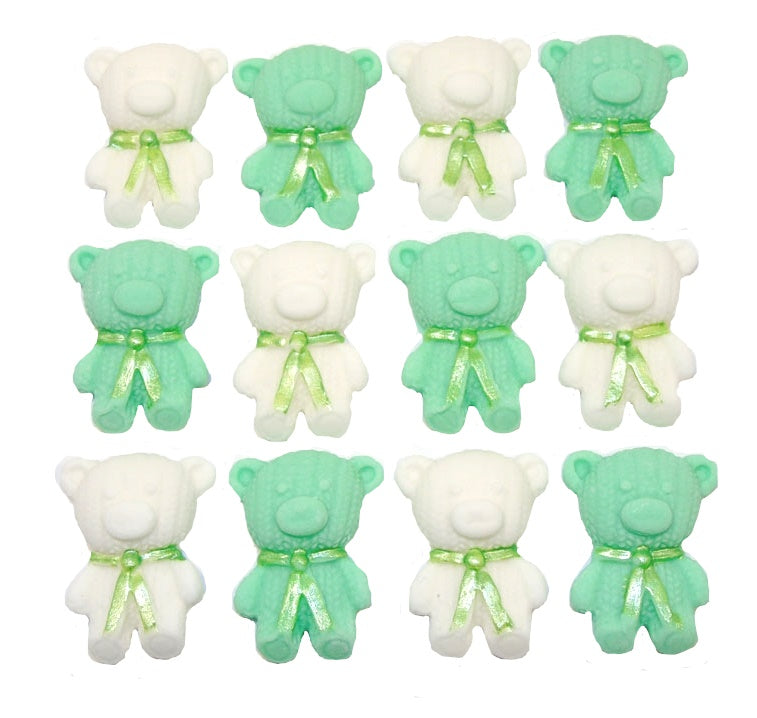 12 Cute Green & White Vegan Teddies edible Cupcake Toppers