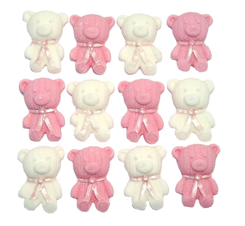 12 Cute Pink & White Vegan Teddies edible Cupcake Toppers