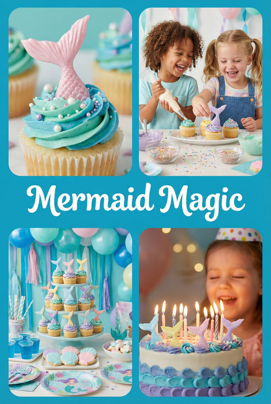 Mermaid-themed birthday party with cupcakes, decorations, and a child blowing out candles.