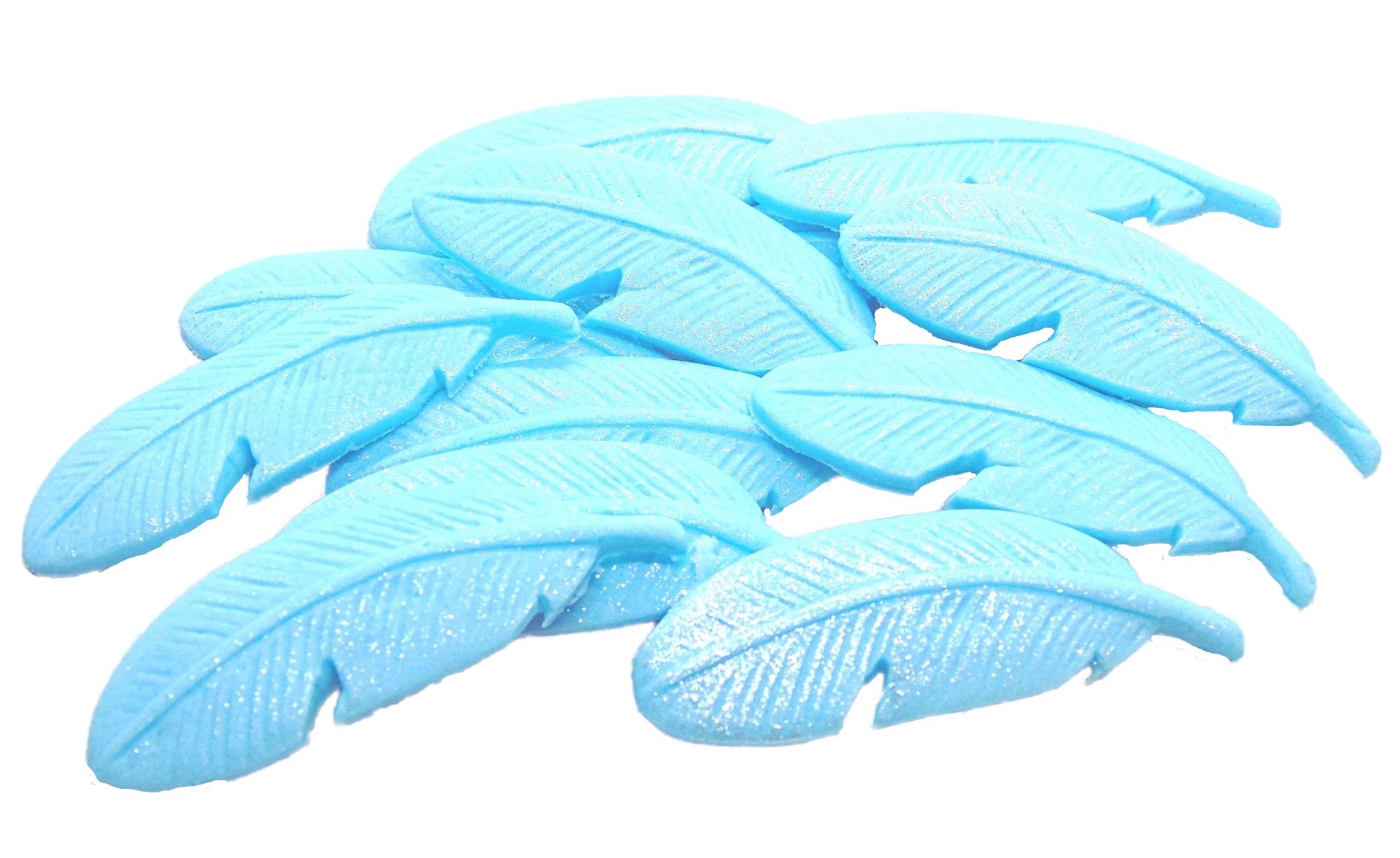 12 Edible  Blue Coloured Glittered Feathers Vegan Cupcake Toppers
