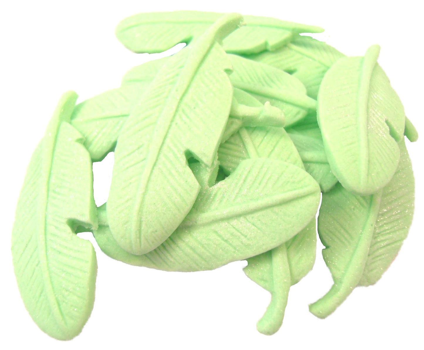 12 Edible Green Coloured Glittered Feathers Vegan Cupcake Toppers