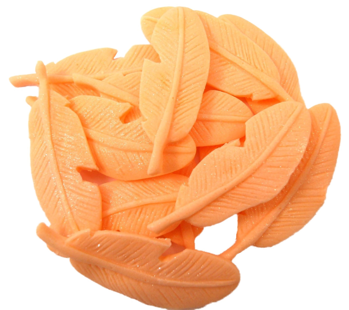 12 Edible Peach Coloured Glittered Feathers Vegan Cupcake Toppers