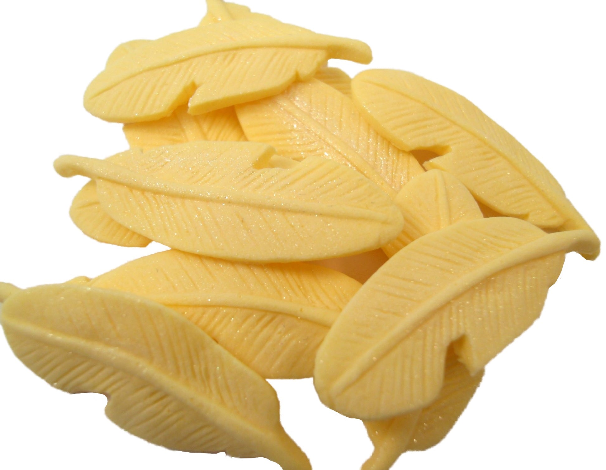 12 Edible  Yellow Coloured Glittered Feathers Vegan Cupcake Toppers