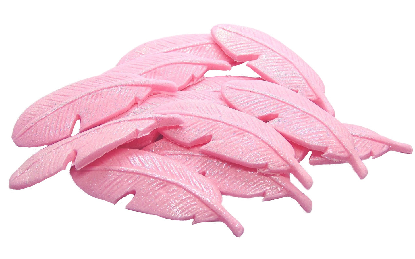 12 Edible  Pink Coloured Glittered Feathers Vegan Cupcake Toppers