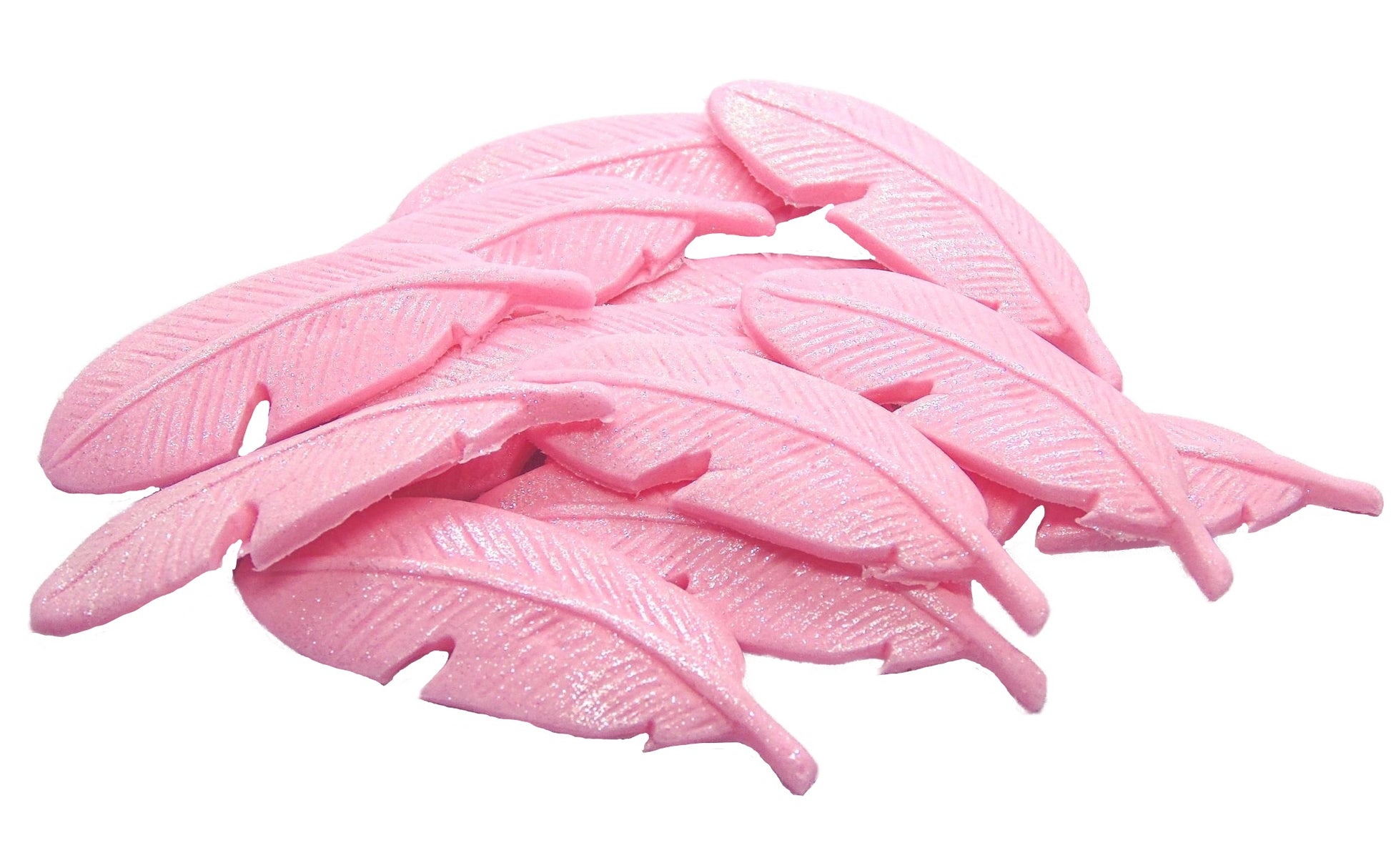 12 Edible  Pink Coloured Glittered Feathers Vegan Cupcake Toppers