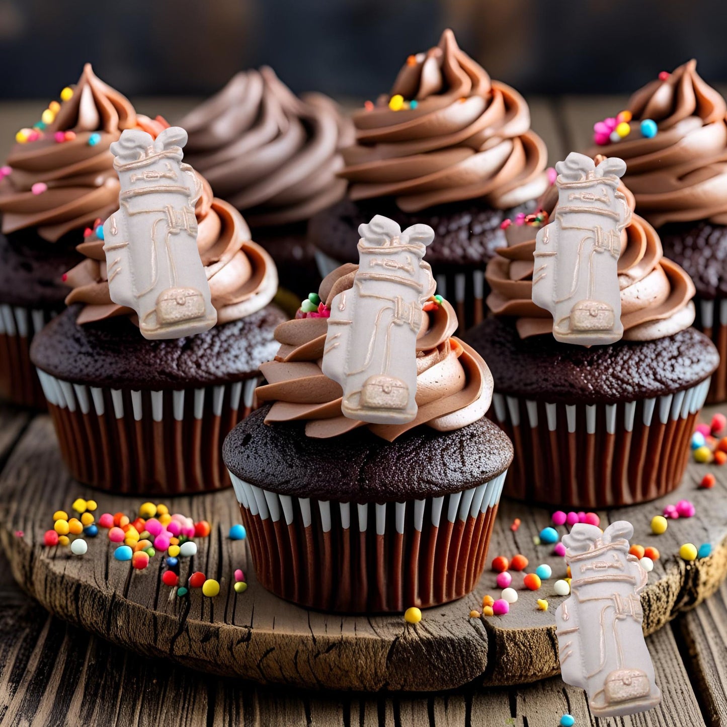 Chocolate cupcakes with edible decorative golf bags on a wooden board