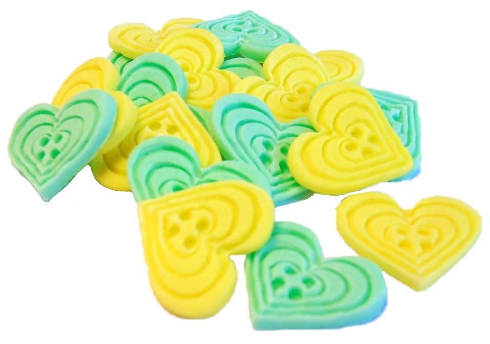 18 Edible Green & Yellow Mixed Coloured heart Shaped Buttons Vegan Cupcake Toppers
