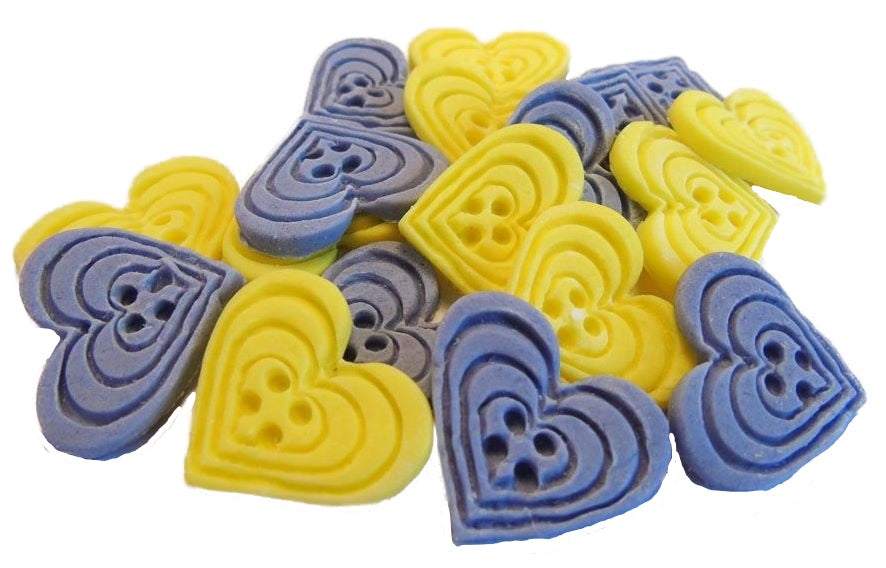 18 Edible Purple & Yellow Mixed Coloured heart Shaped Buttons Vegan Cupcake Toppers