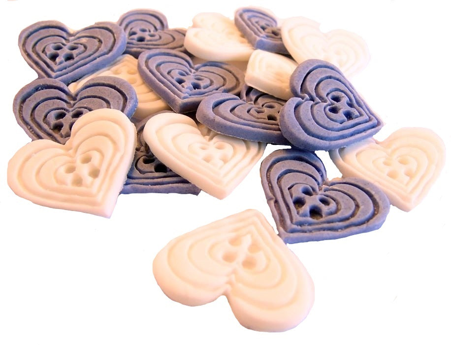 18 Edible Purple & White Mixed Coloured heart Shaped Buttons Vegan Cupcake Toppers
