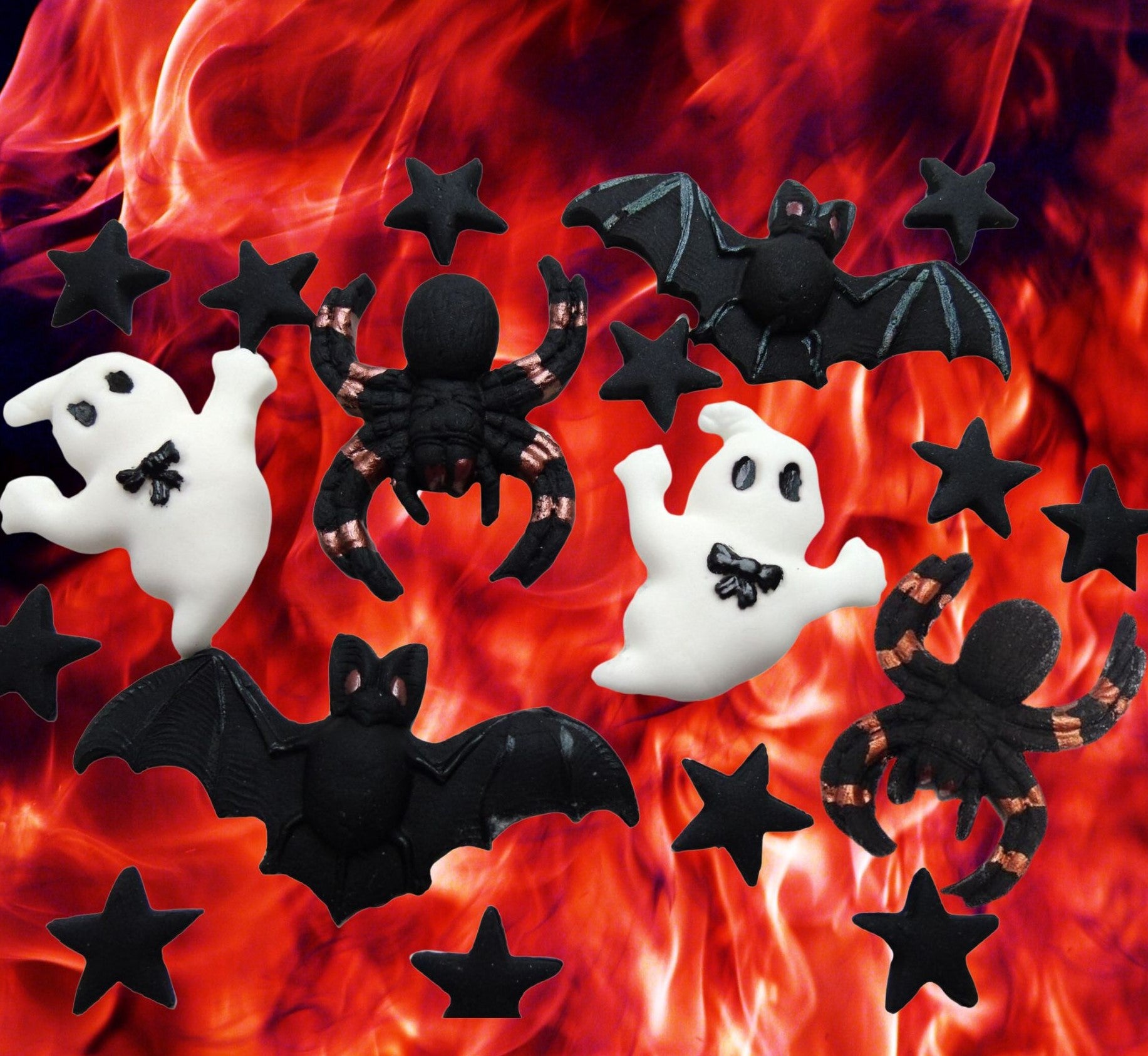 Halloween-themed decorations including ghosts, spiders, and bats on a fiery background.