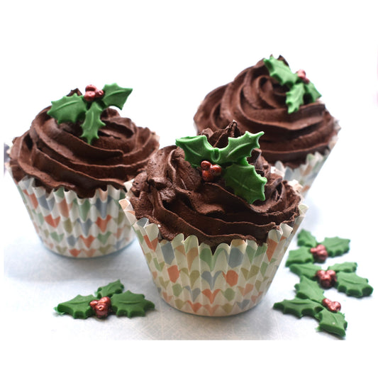 18 Holly Leaves Painted Berries Christmas Cupcake Toppers