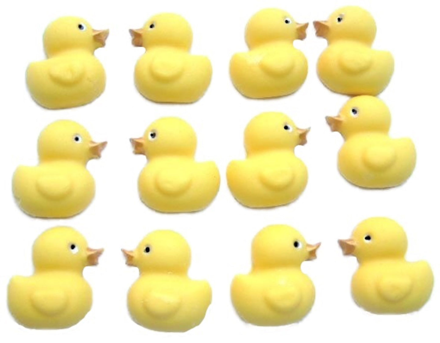 12 Edible 2D Yellow Ducks left & right facing with  hand painted golden beaks and eyes, edible vegan cupcake toppers