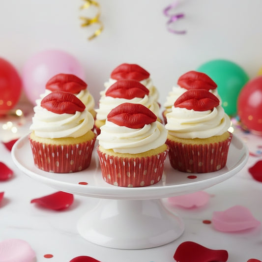 Set of red lips on creamed cupcakes on a party background