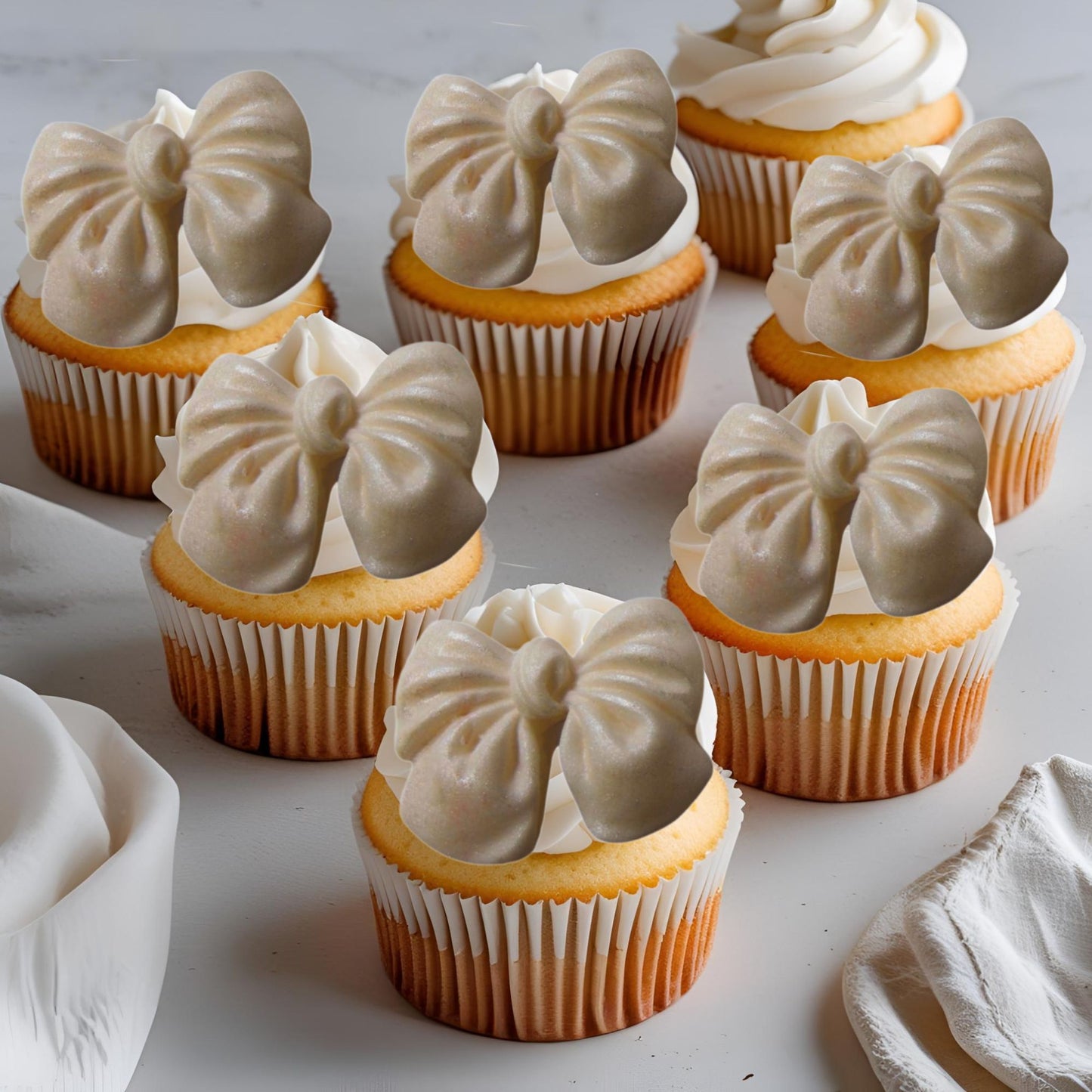Cupcakes with ivory glittered edible bow decorations on a light background