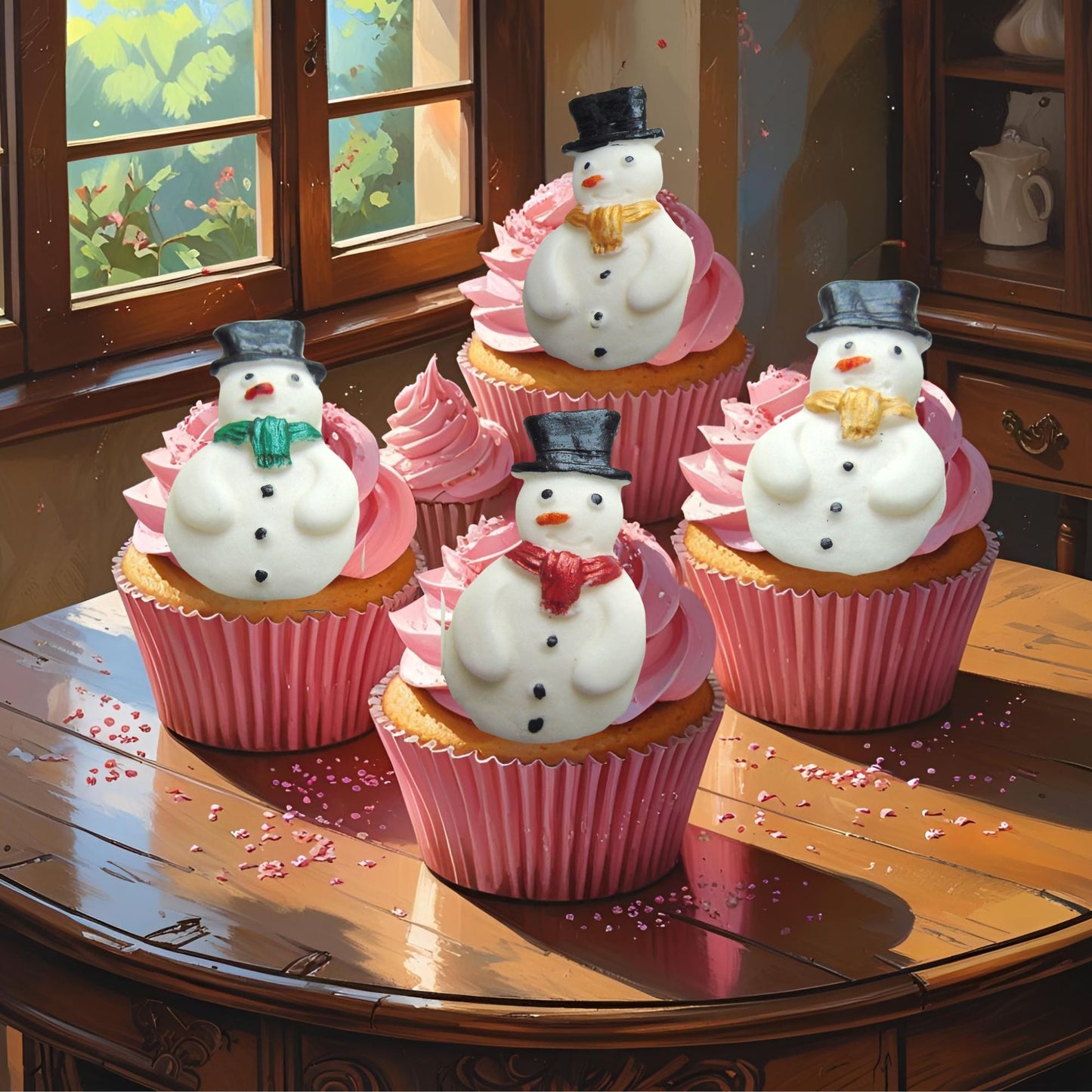 Cupcakes decorated with edible snowmen with pink frosting on a wooden table.