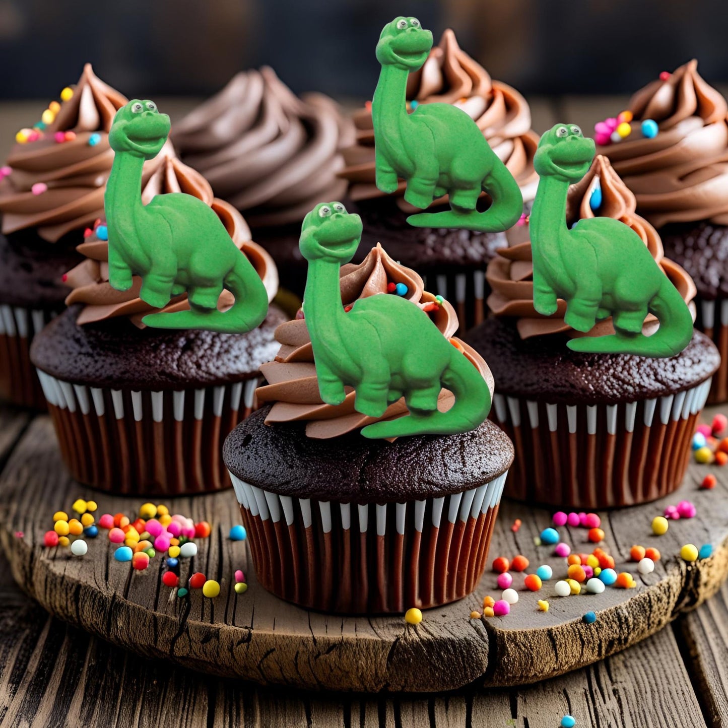 Chocolate cupcakes with green Nessie toppers on a wooden board.