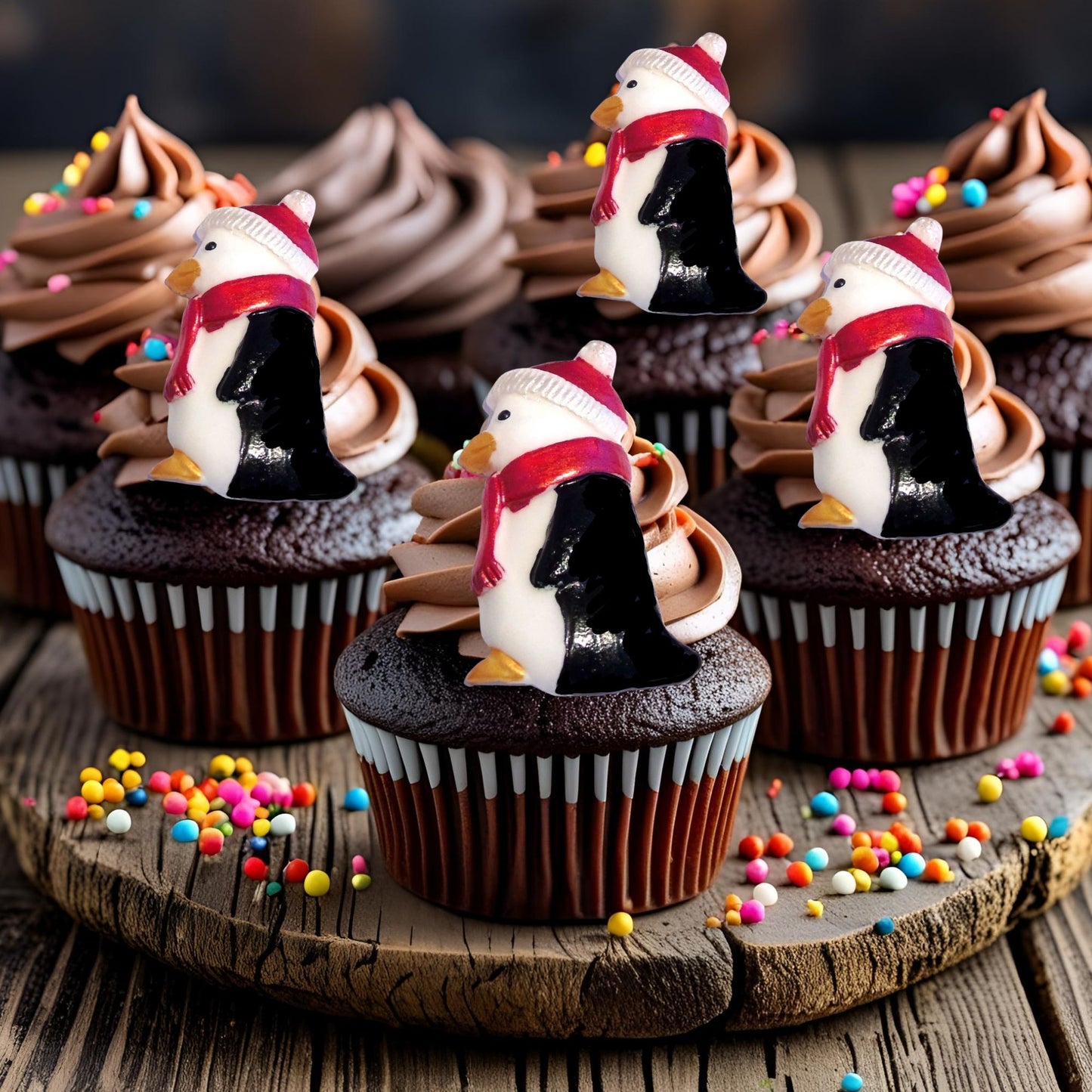 Chocolate cupcakes with edible penguin decorations on a wooden board