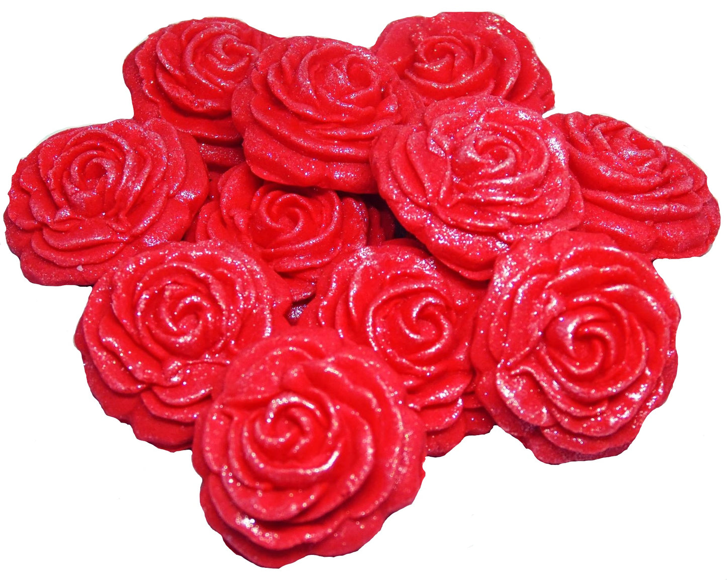 12 Red Medium Glittered edible Coloured Roses