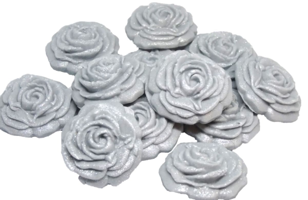 12  Silver Medium Glittered edible Coloured Roses