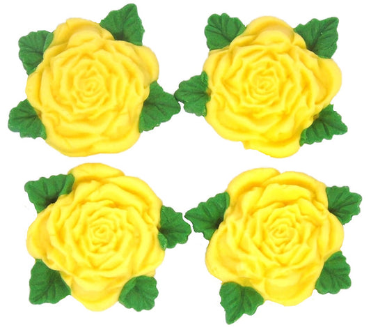 4 Yellow Roses with leaves edible cake or cupcake topper decorations