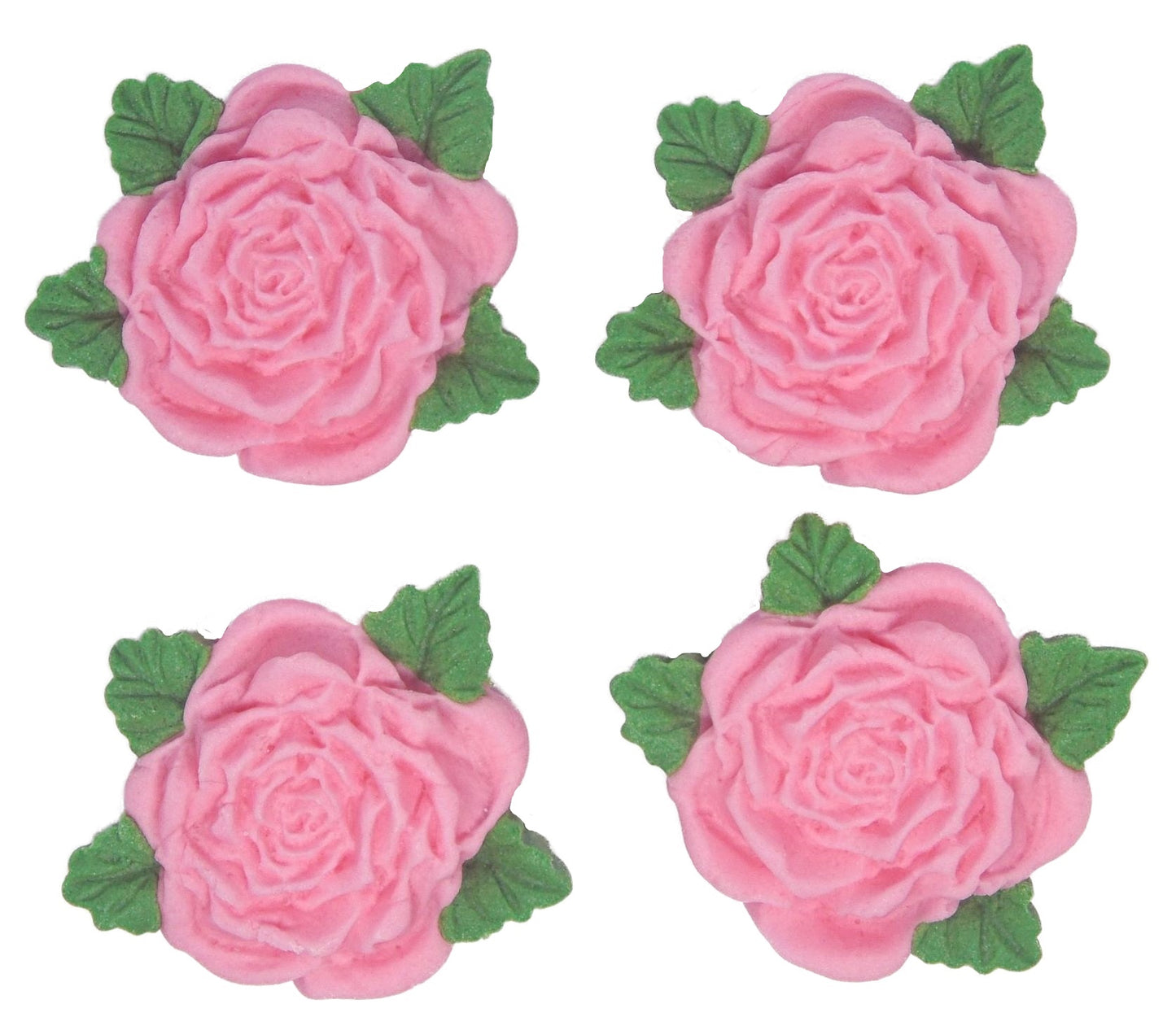 4 Pink Roses with leaves edible cake or cupcake topper decorations
