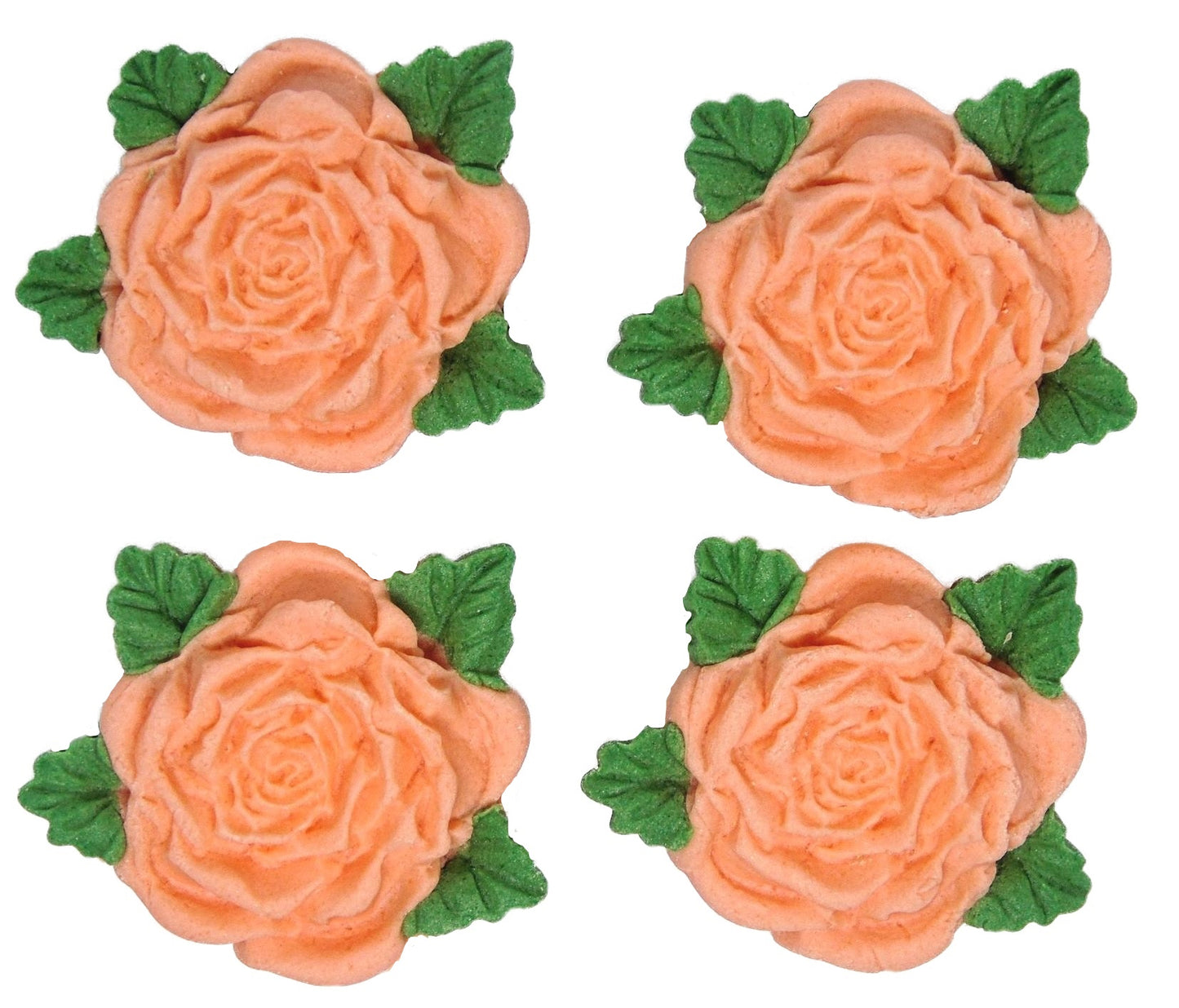 4 Peach Roses with leaves edible cake or cupcake topper decorations