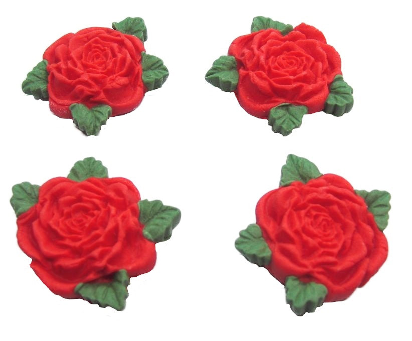 4 Red Roses with leaves edible cake or cupcake topper decorations