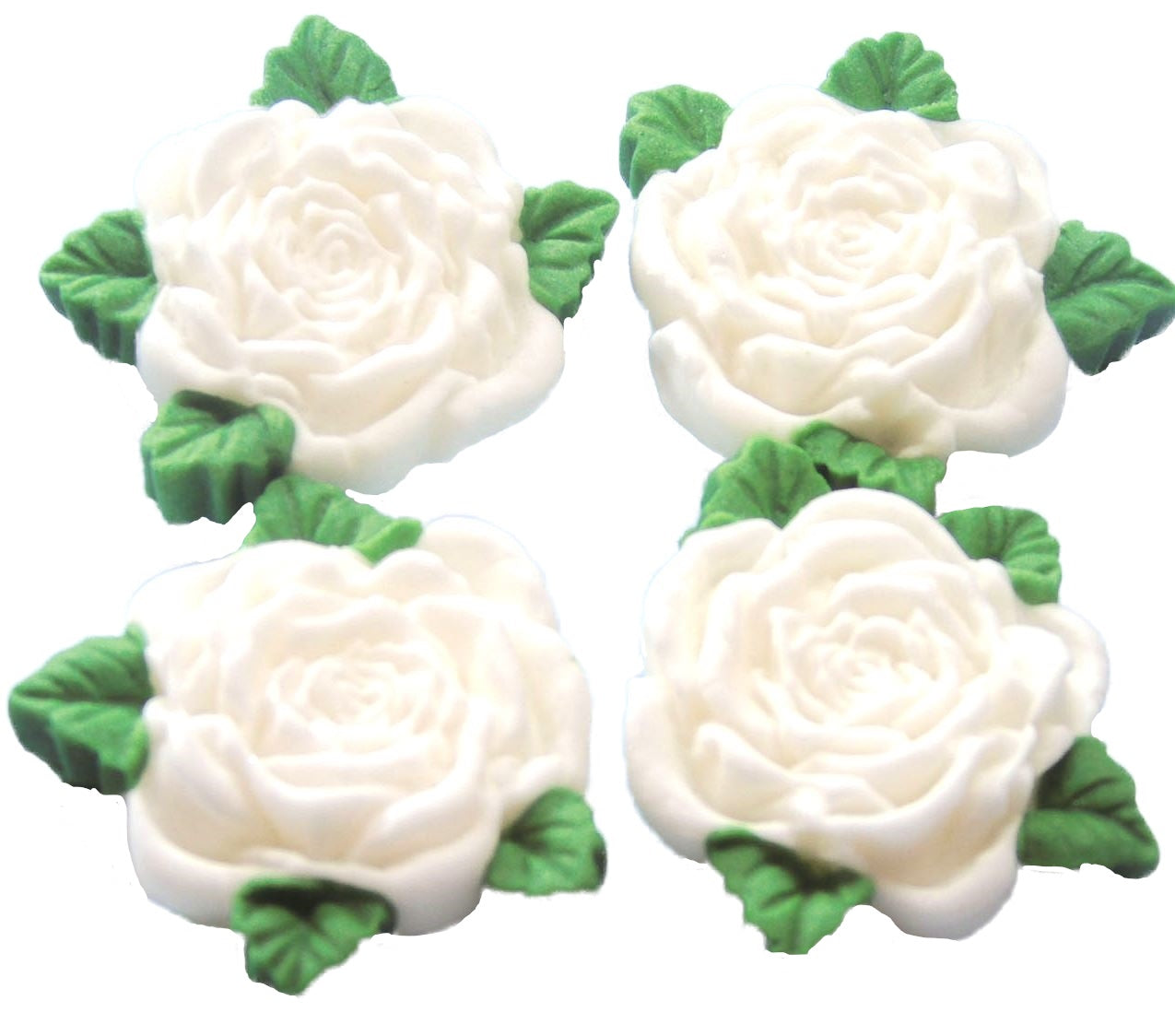 4 White Roses with leaves edible cake or cupcake topper decorations
