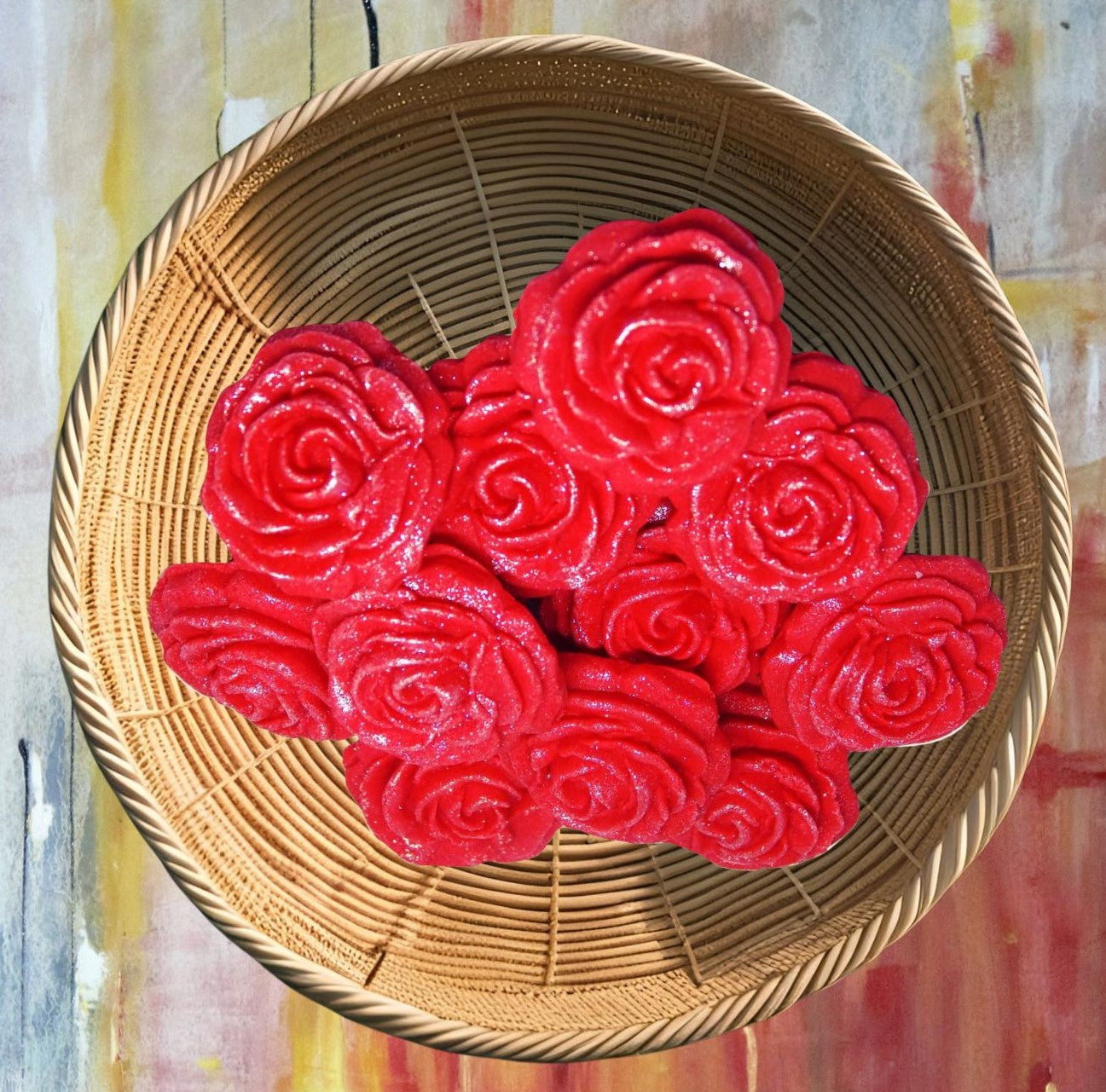 12 Medium Glittered Coloured Roses Cake Decorations