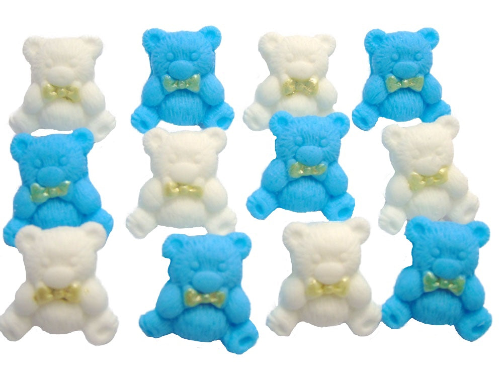 12 Blue and white Vegan  Teddies Baby Shower Edible Cupcake Toppers
