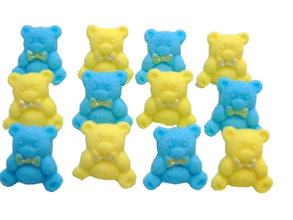 12 Blue and Yellow Vegan  Teddies Baby Shower Edible Cupcake Toppers