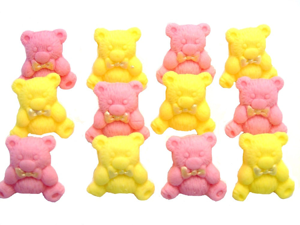 12 Pink and yellow Vegan  Teddies Baby Shower Edible Cupcake Toppers