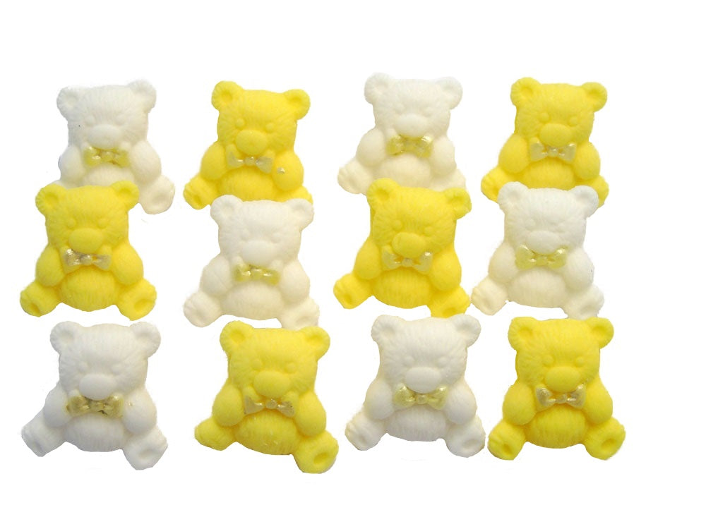 12 Yellow and White Vegan  Teddies Baby Shower Edible Cupcake Toppers