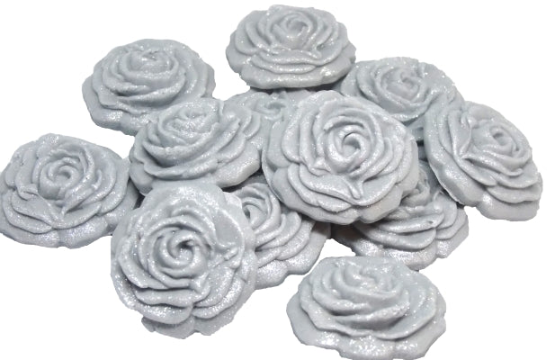 12 Vegan Small Glittered Silver Roses Wedding Birthday Cupcake Toppers