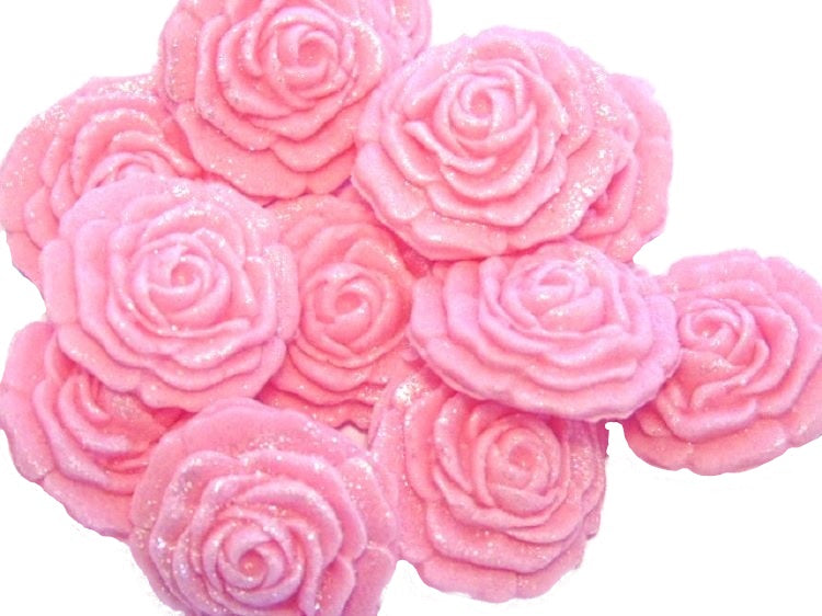 12 Vegan Small Glittered Pink Roses Wedding Birthday Cupcake Toppers