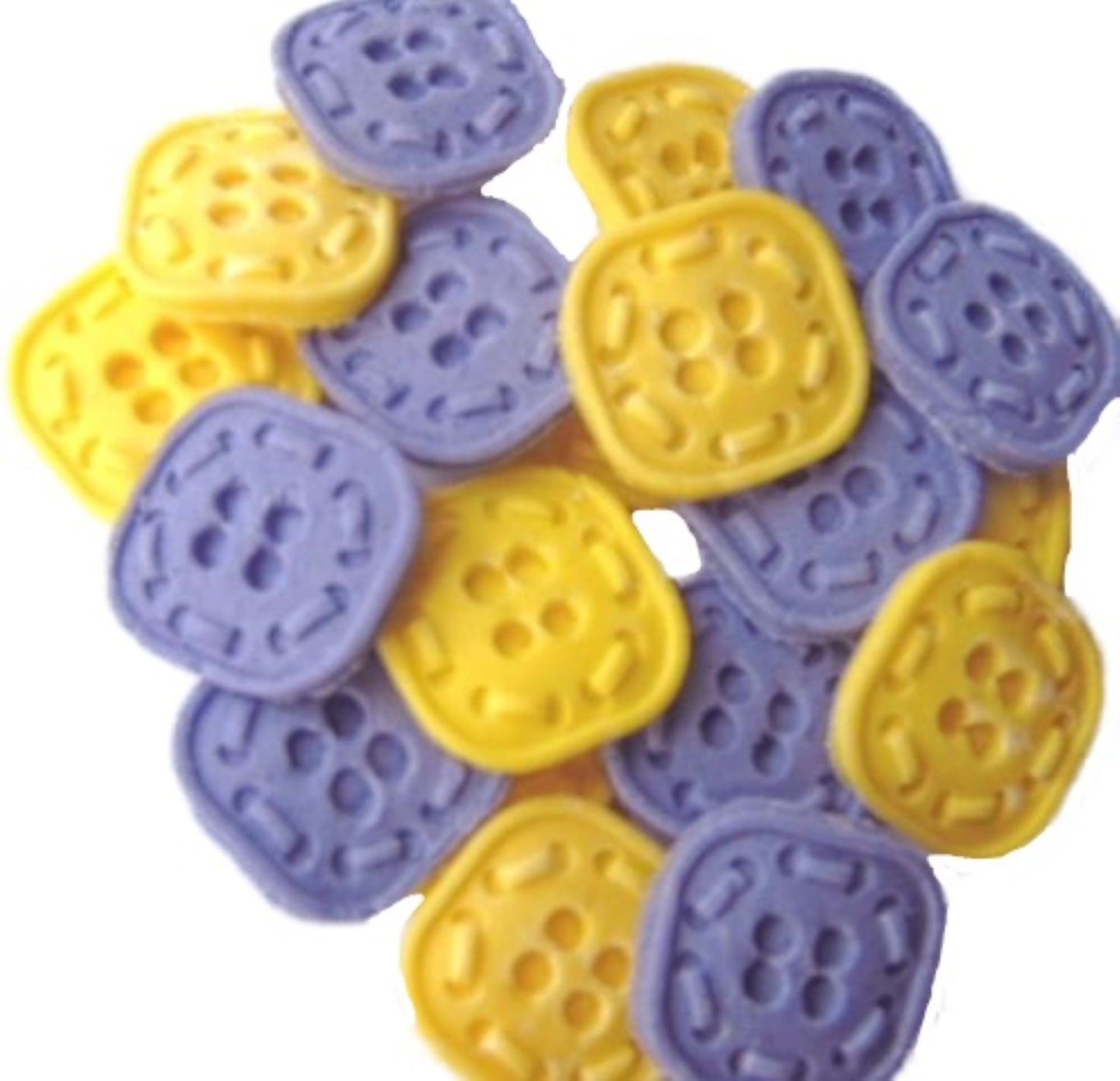 18 Edible Purple & Yellow Mixed Coloured Square Shaped Buttons Vegan Cupcake Toppers