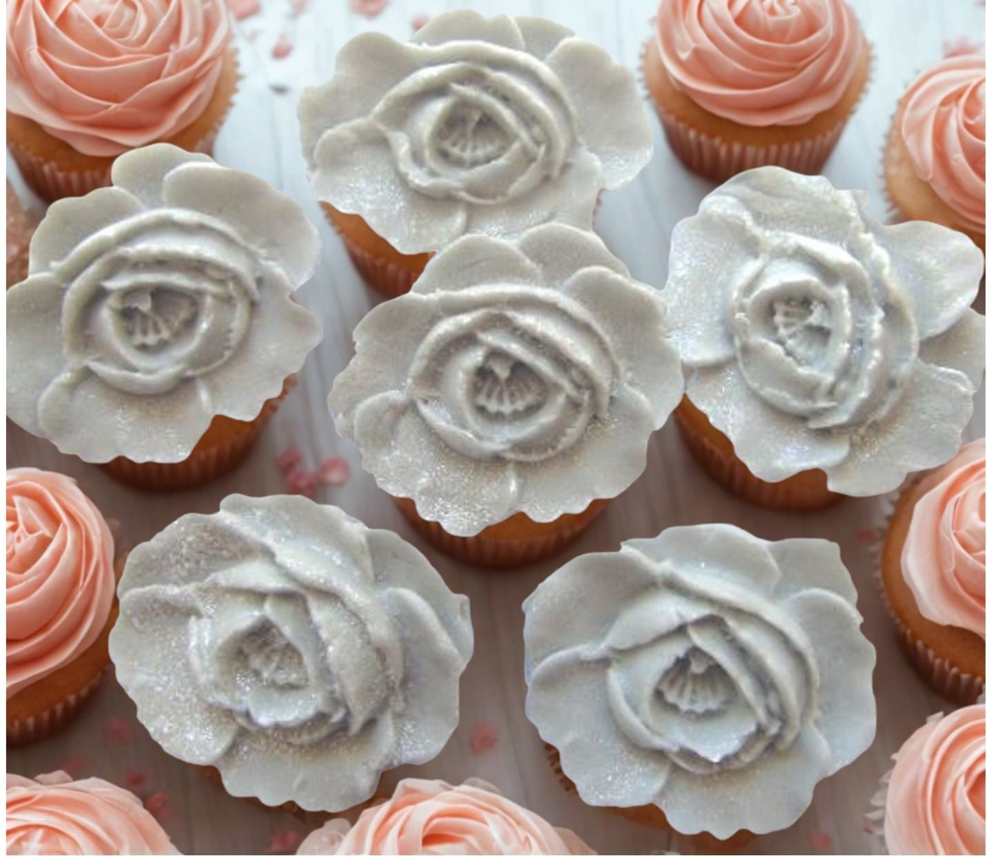 Set 6 Glittered Coloured Roses Edible Cupcake Decorations