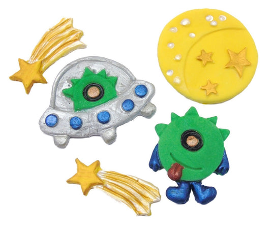 Large Alien Space Set  with moon and shooting stars. Fun Vegan Birthday Cake Toppers
