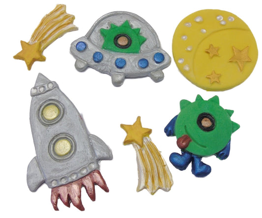 Large edible Space Set Fun Alien, rocket, shooting stars and space ship. ideal for a  Birthday Cake. All are dairy & Gluten free