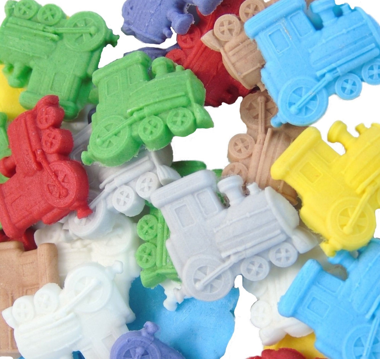 24 Novelty Train Coloured Confetti Vegan Cupcake Toppers Cake Decorations