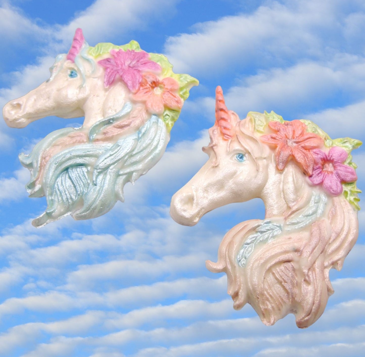 Set of 2 Unicorns Hand-Painted Vegan unique Cupcake Decoration on a blue background