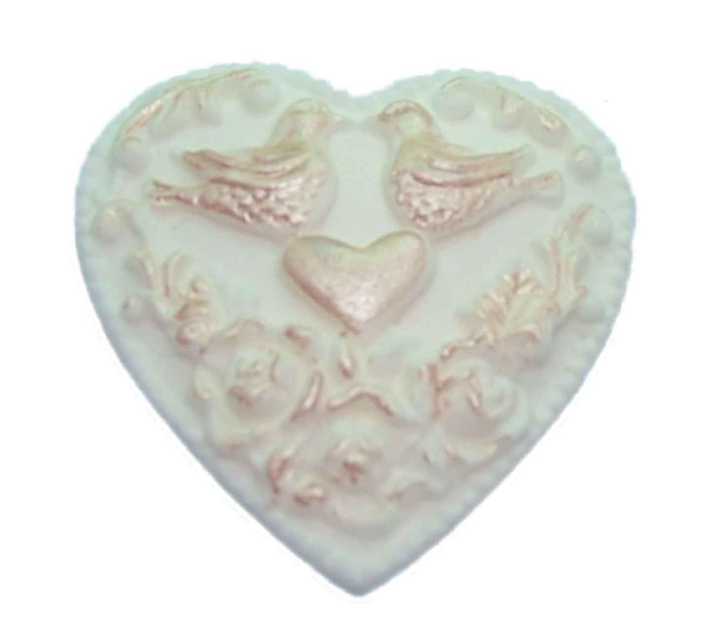 Glittered large White  heart with Pink painted Doves within. Fully edible
