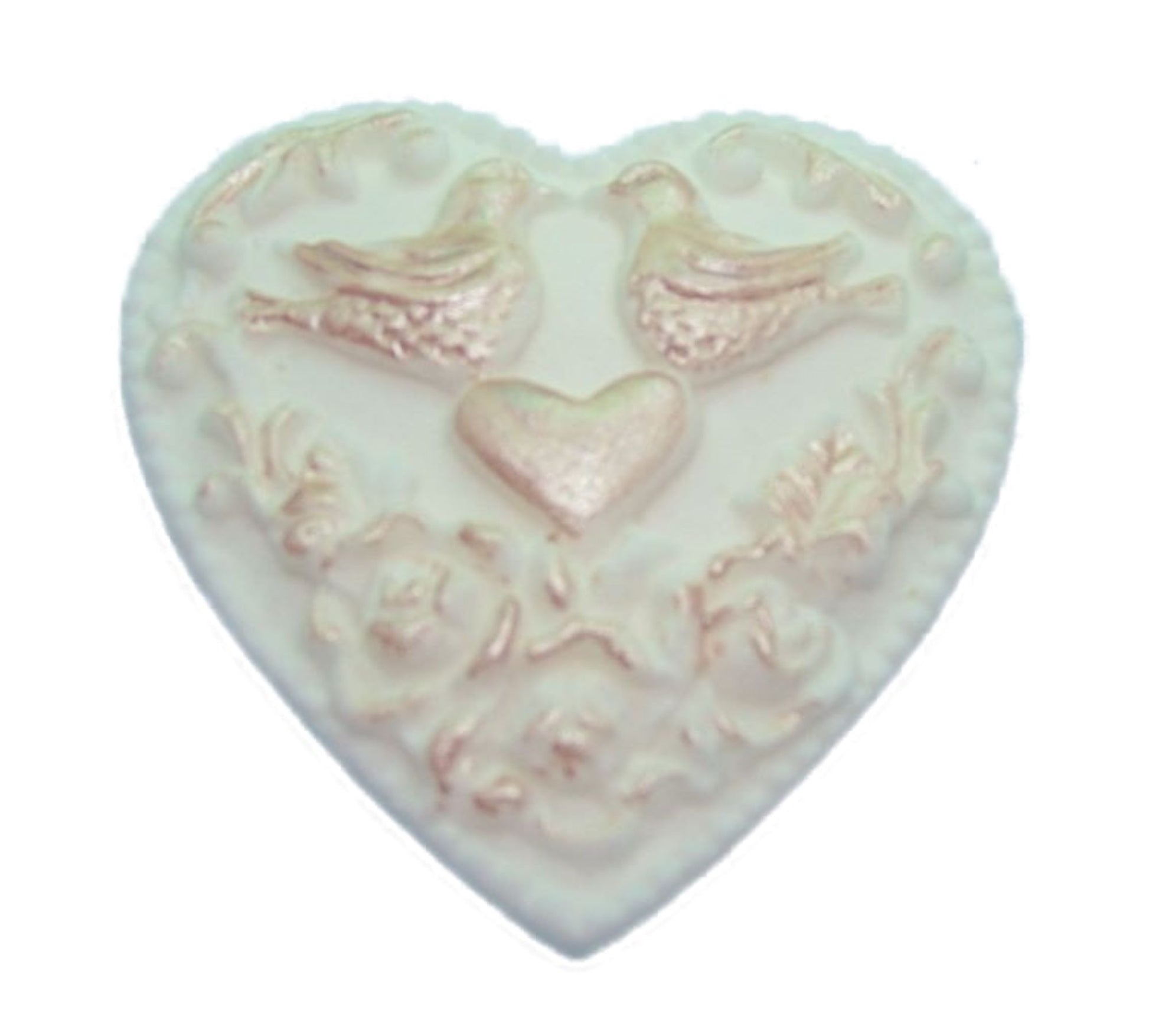 Glittered large White  heart with Pink painted Doves within. Fully edible